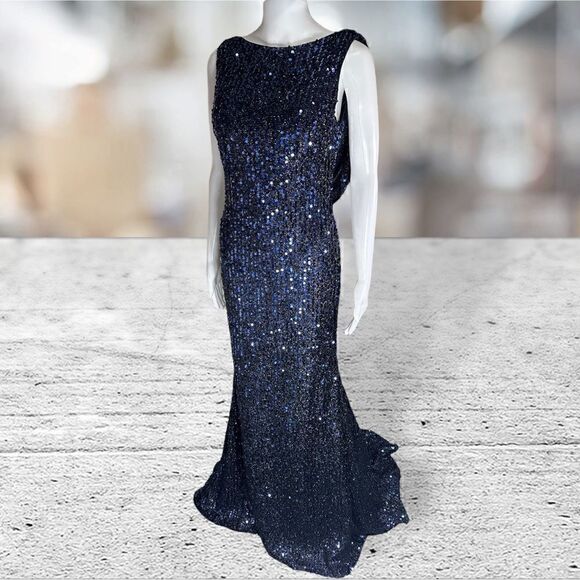 IEENA for Mac Duggal Blue Sequin Open Back Gown With Tain - Picture 3 of 6